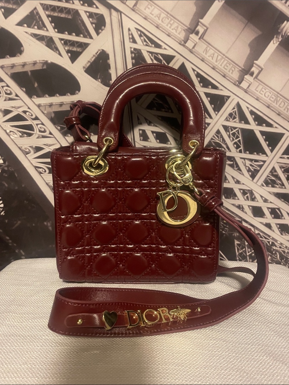 Christian Dior Burgundy Quilted Patent Leather Crossbody with Gold D-Ring Charm